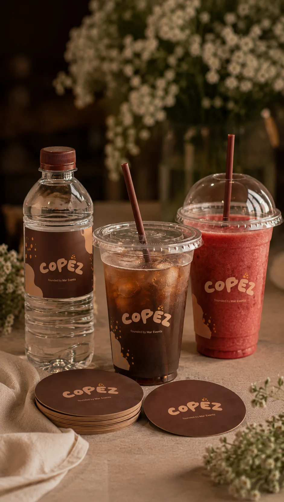 Copez branding applied to drinks and coasters